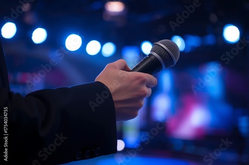 Close up of a hand holding a microphone on a stage with blurred blue and white lights in the background