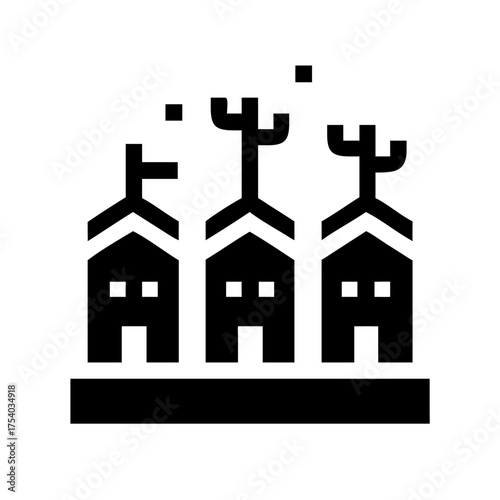Illustration of a row of industrial buildings with smoke stacks, symbolizes industry, manufacturing, and urban landscape