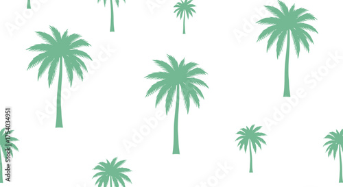 A repeating pattern of simple green palm trees on a white background creating a tropical and summery feel.