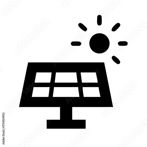 Illustration of a solar panel with the sun shining above it, symbolizes renewable energy and sustainable technology