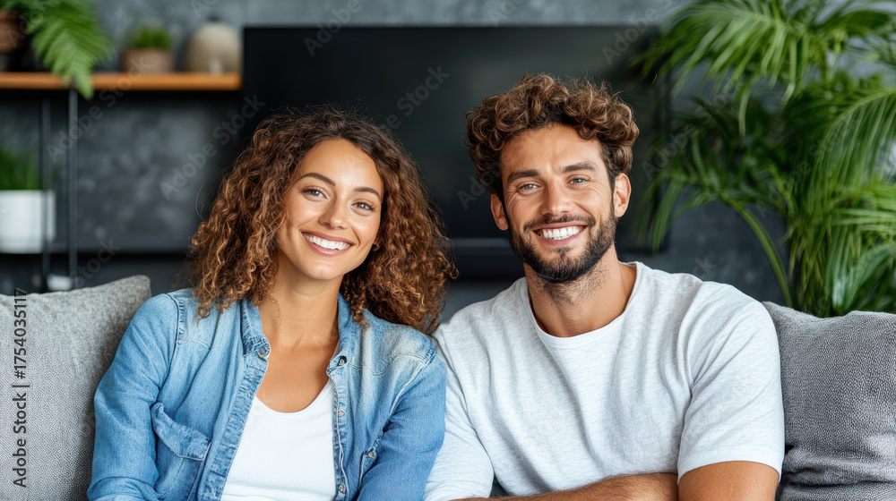 Fototapeta premium Happy couple sitting on couch, enjoying quality time together in cozy living room