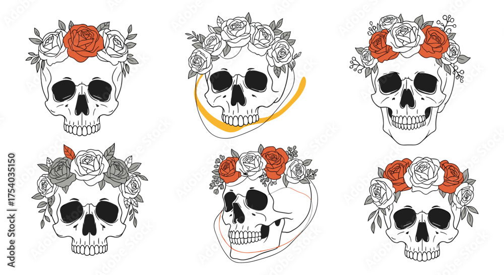 Fototapeta premium Six floral skull illustrations adorned with delicate blossom arrangements