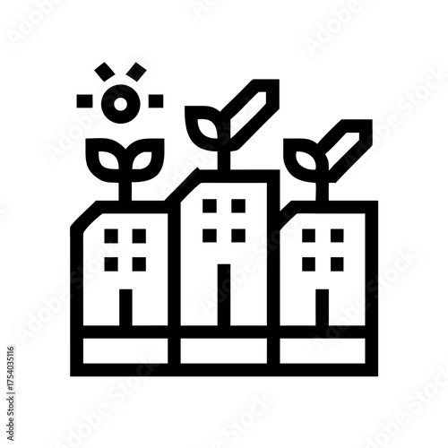 Illustration of green buildings with plants growing on top, symbolizes sustainability, ecofriendly architecture, and urban gardening