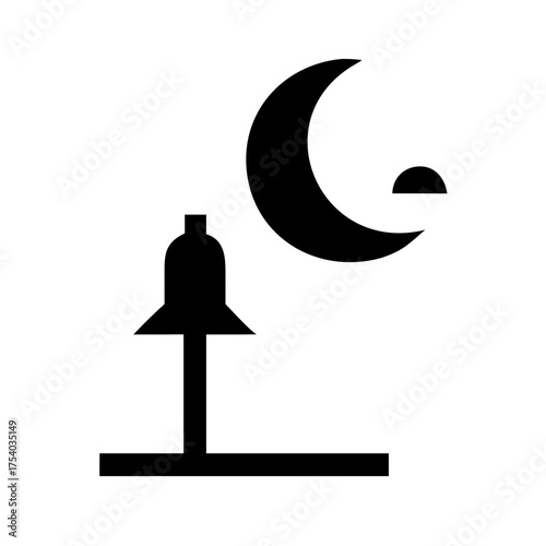 Vector art of a black and white illustration of a crescent moon and a prayer rug this is a simple, minimalist design suitable for various applications