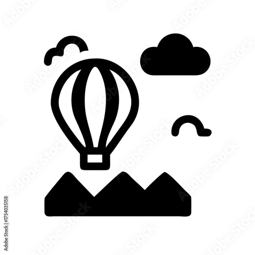 Vector art of a captivating hot air balloon soars gracefully over majestic mountains, amidst fluffy clouds, , evoking a sense of adventure and freedom