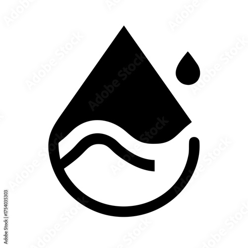Vector art of black water drop icon with wave inside symbolizes water resources, purity, or environmental protection concepts