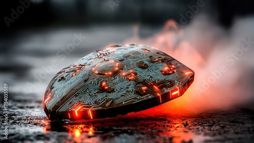 Futuristic glowing shield with intricate circuitry hovering amidst smoke, evoking a sense of advanced technology.