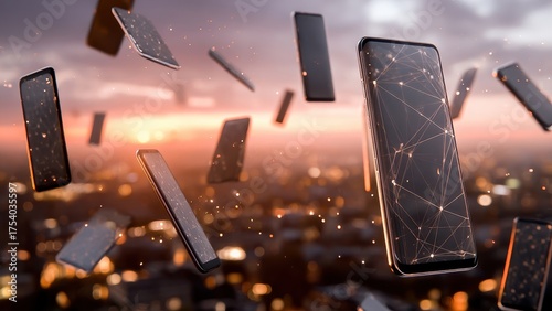 Multiple smartphones float in the air, illustrating advanced connectivity and futuristic technology in a digital era.