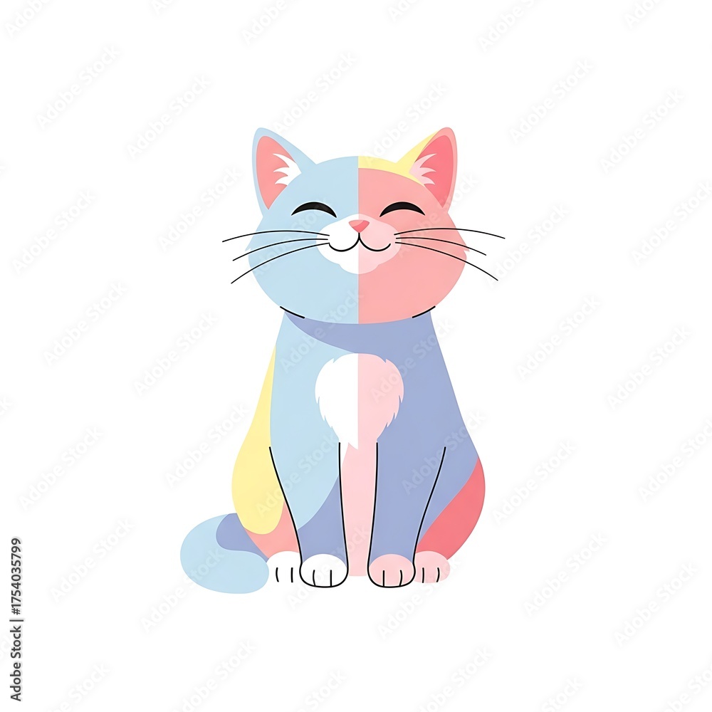 Obraz premium Cute Colorful Cat Illustration with Pastel Hues and Happy Expression.