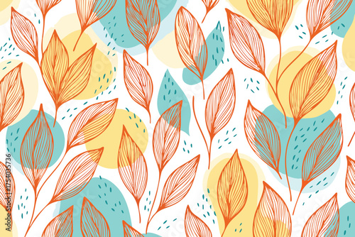 hand drawn orange leaves on abstract teal and yellow shapes. Perfect for fall season textiles, digital paper, backgrounds, and modern wallpaper. A warm, stylish, and artistic repeating natural motif