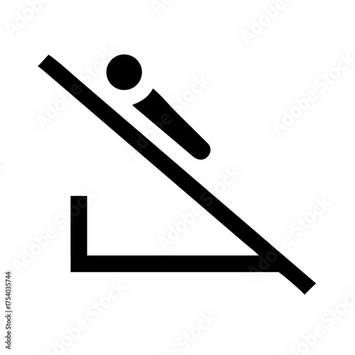 Vector art of simple black and white icon of a person sliding down a rail, the figure is composed of lines and a circle for the head