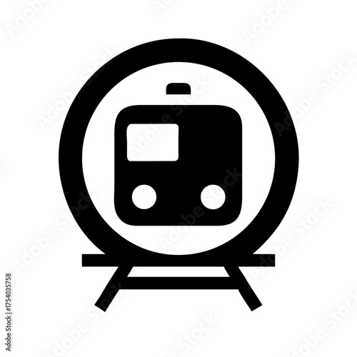 Vector art of sleek black icon of a train within a circular frame on tracks, , symbolizing transportation, travel, and the railway system
