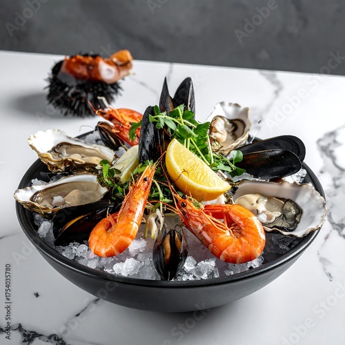 Seafood platter on ice, arranged in a black bowl