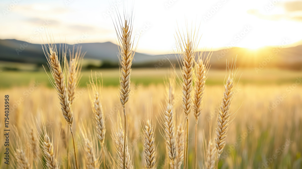 Fototapeta premium Golden wheat ears sway gently in warm sunlight, creating serene landscape