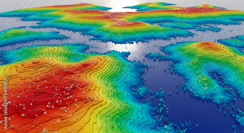 NDVI Topographic Map with Colorful Contour Lines and Water