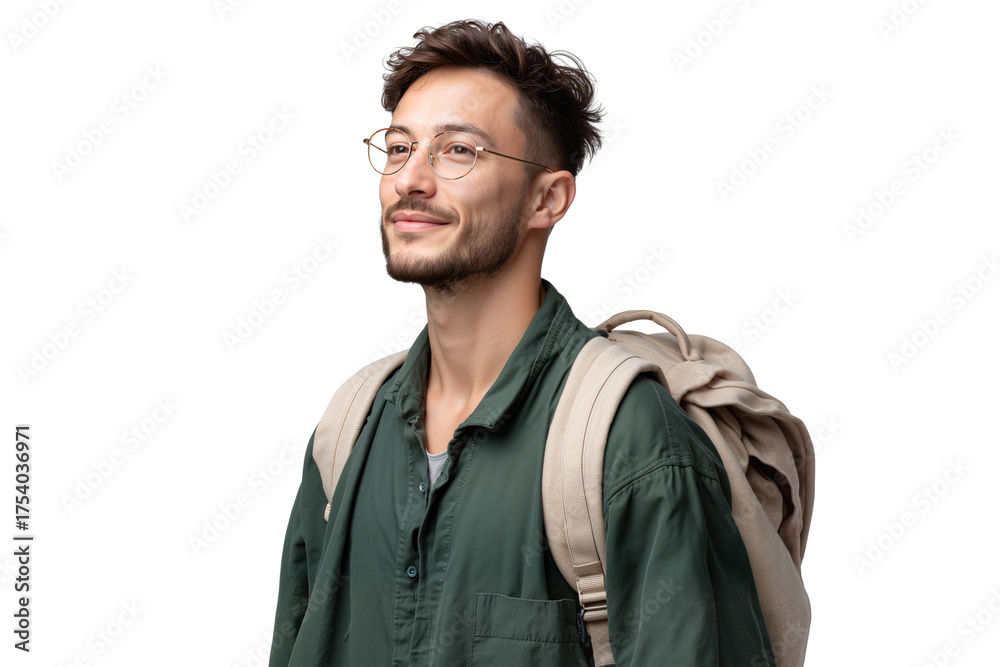 Obraz premium Handsome male traveler in glasses with backpack looking away, isolated on white background