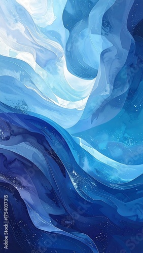Abstract artwork with layered watercolor washes in shades of blue, evoking flowing movement