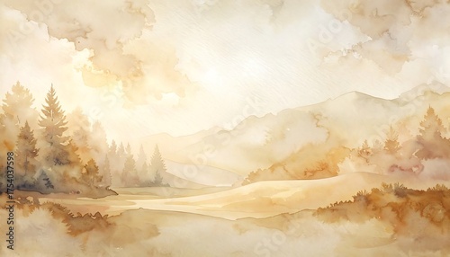 Fototapeta Naklejka Na Ścianę i Meble -  Watercolor Serenity - A Tranquil Landscape Painting with Golden Light.