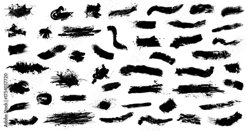 Hand drawn black vector brushes big pack isolated on white. Detailed paint splashes. Grungy stripes pattern. Vector illustrator