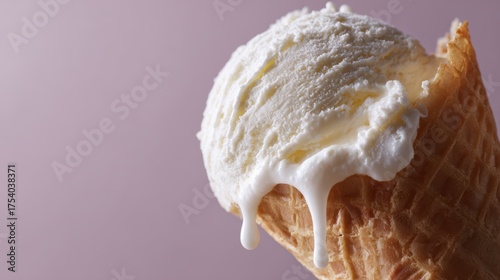 A close-up of ice cream melting down the side of a cone.