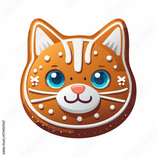 Cute gingerbread cookie shaped like cat face with blue eyes, Christmas sweet illustration perfect for festive bakery and holiday themes.