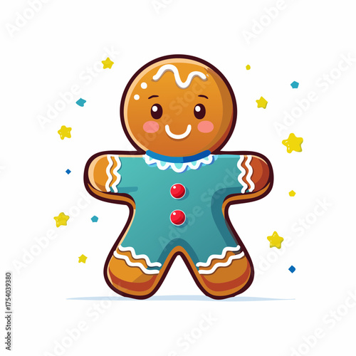 Adorable gingerbread man with blue icing suit and red buttons, surrounded by stars, perfect for Christmas and winter holiday decorations.