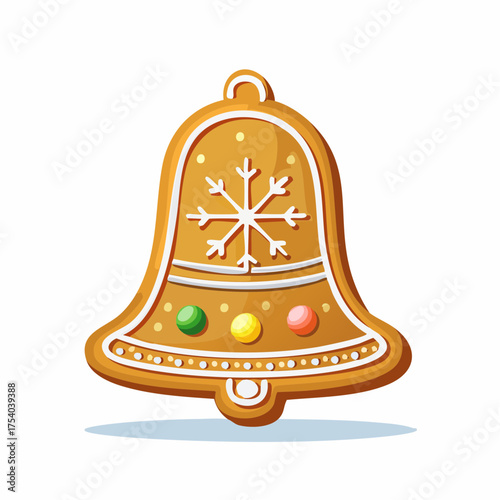 Gingerbread bell cookie with snowflake icing and colorful buttons, festive Christmas sweet perfect for holiday decoration and greeting cards.