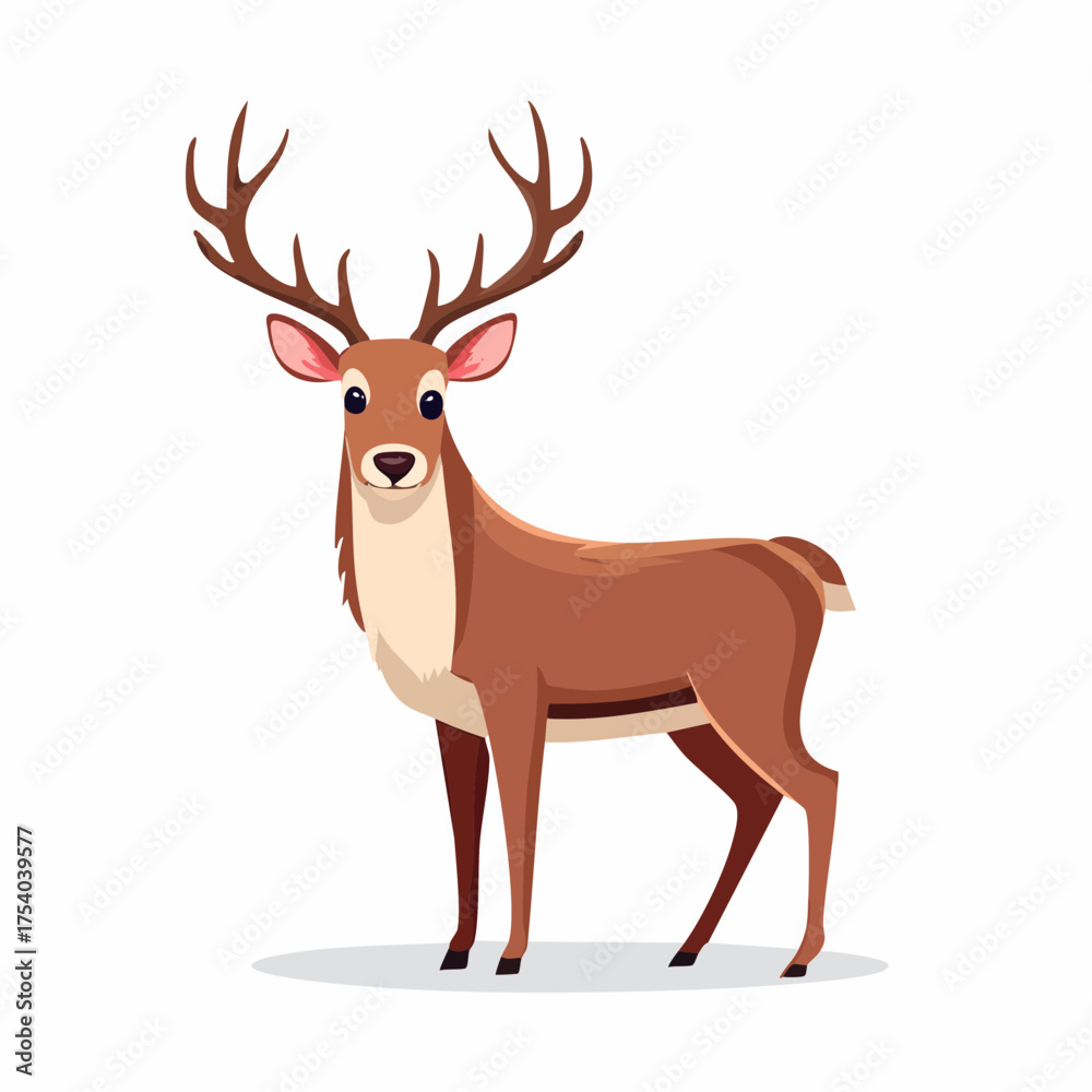 Fototapeta premium Beautiful cartoon reindeer standing proudly, large antlers, elegant wildlife illustration, Christmas deer animal design in flat style.