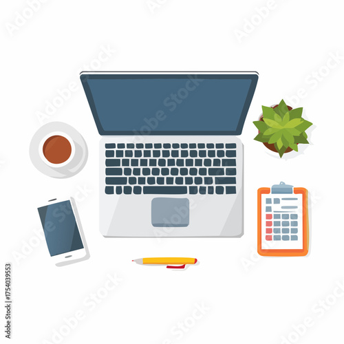 Illustration of desk with laptop and office supplies