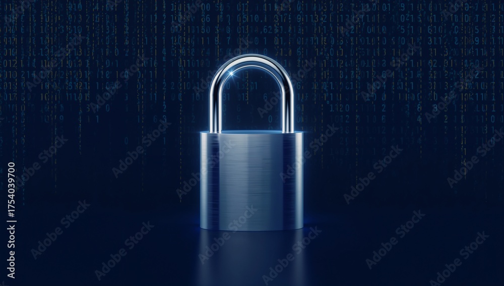 Fototapeta premium A gleaming silver padlock set against a digital data stream background