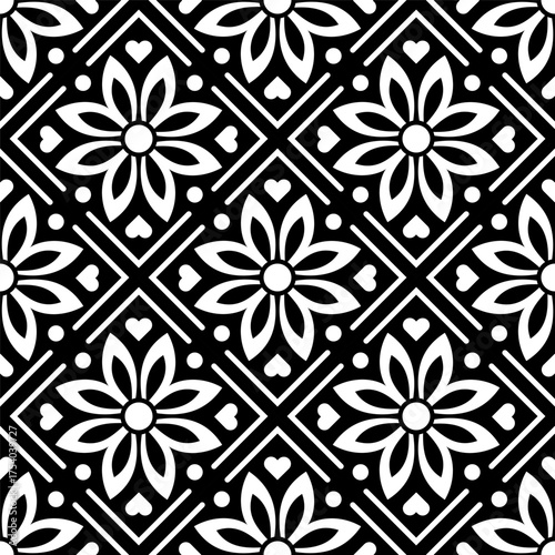 Flowers and hearts, monochrome abstract flowers, black and white geometry order, seamless vector floral pattern