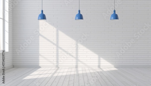 Canvas Print Three blue pendant lights casting shadows on a white brick wall