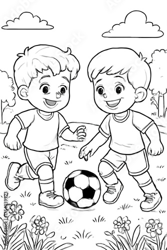 Two Kids Playing Soccer Coloring Book Line Art