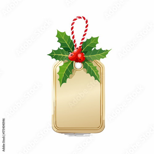 Elegant golden Christmas gift tag with holly leaves and red berries. Perfect for holiday presents, invitations, labels, and festive decorations.