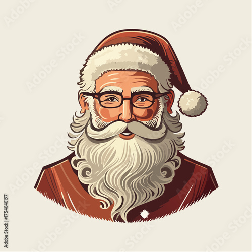 Classic Santa Claus portrait with hat, glasses, and beard. Perfect for Christmas cards, festive decorations, posters, and holiday designs.