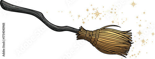 Whimsical illustration of a flying broomstick magical and detailed perfect for fantasy themed designs and Halloween projects