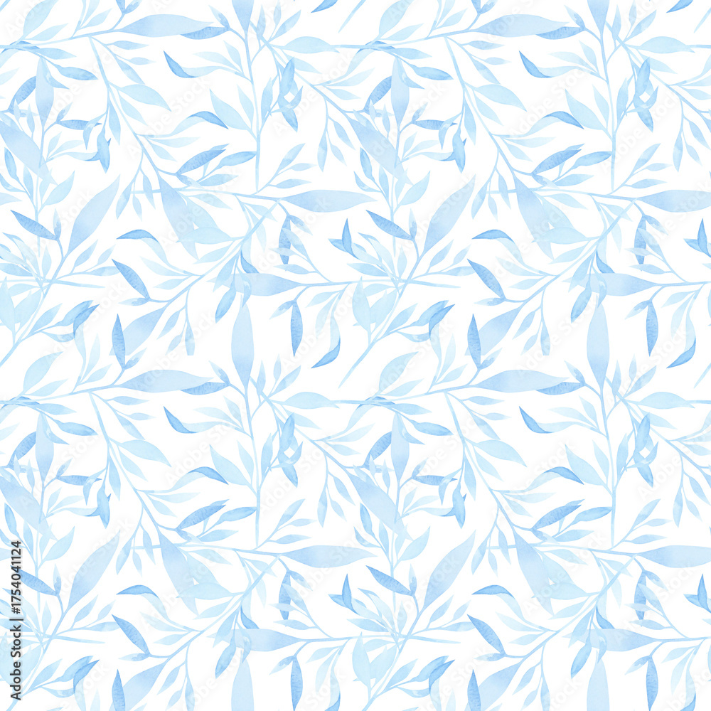 Fototapeta premium Seamless pattern of blue plant branches. Simple pattern. Flowers. Watercolor.