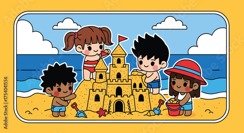 Children building a sandcastle together on the beach during a sunny summer day, enjoying their vacation and creating lasting memories.
