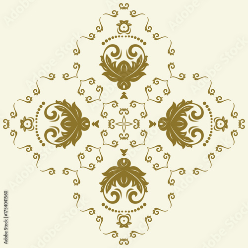 Oriental vector ornament with arabesques and floral golden elements. Traditional classic ornament. Vintage pattern with arabesques
