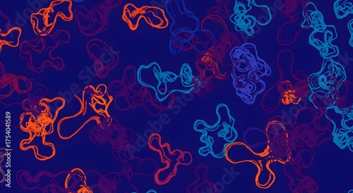 Abstract artwork with vibrant, swirling lines in orange, blue, and purple hues against dark blue