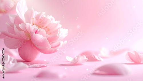 Delicate pink peony flower surrounded by soft petals on a gentle pink background, evoking tranquility