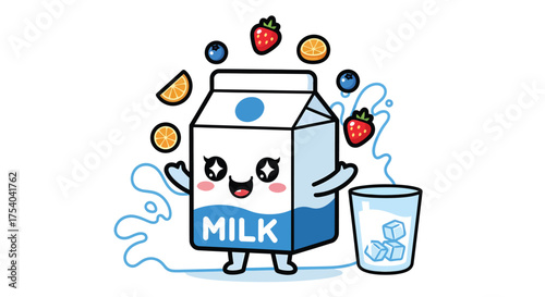 Cute milk carton character juggles fruit and stands next to a glass of milk with ice cubes in a playful and whimsical style.