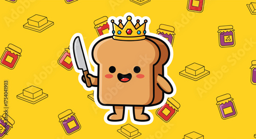 Happy toast character holding knife stands proudly amidst butter and jam on bright yellow backdrop, conveying a playful and cheerful vibe.