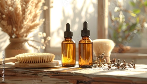 Two amber glass bottles with droppers sit on a wooden table surrounded by natural decor in soft sunlight