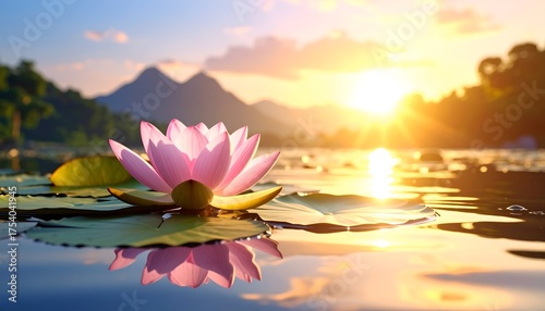 Serene sunset over a tranquil lake with blooming lotus flowers and distant mountains reflecting in water