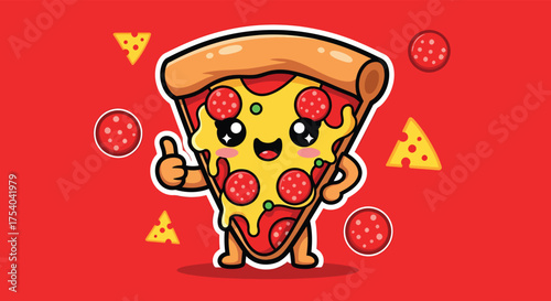 Cute pizza slice giving thumbs up on red backdrop with pepperoni and cheese, showcasing a playful and appetizing food concept.