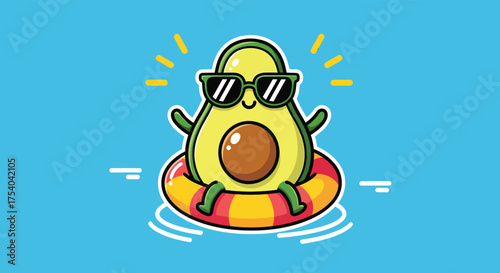 Cartoon avocado wearing sunglasses floats in inflatable ring on blue water, enjoying a relaxing summer vacation.