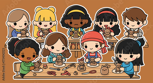 Diverse group of children crafting clay figures at wooden tables in bright art studio, fostering creativity and cultural exchange through handson activity.