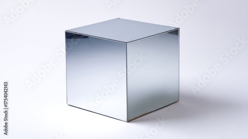 Modern minimal mirrored cube with soft shadow on white surface under diffused ambient lighting with ample copy space