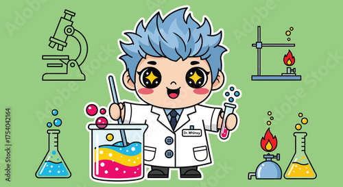 Cartoon scientist mixes chemicals in laboratory beaker with excitement, surrounded by scientific equipment, creating a whimsical and educational atmosphere.